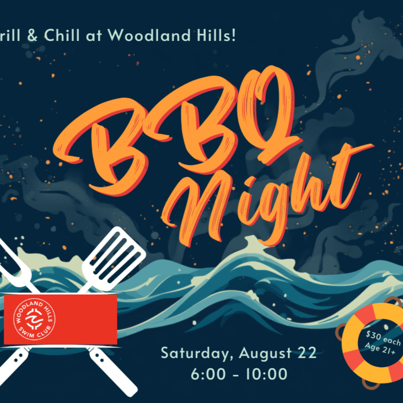 A red box with barbecue utensils sits on wavy blue water in the foreground, while the words "BBQ Night" are emblazoned in orange and yellow against a dark, smoky background.