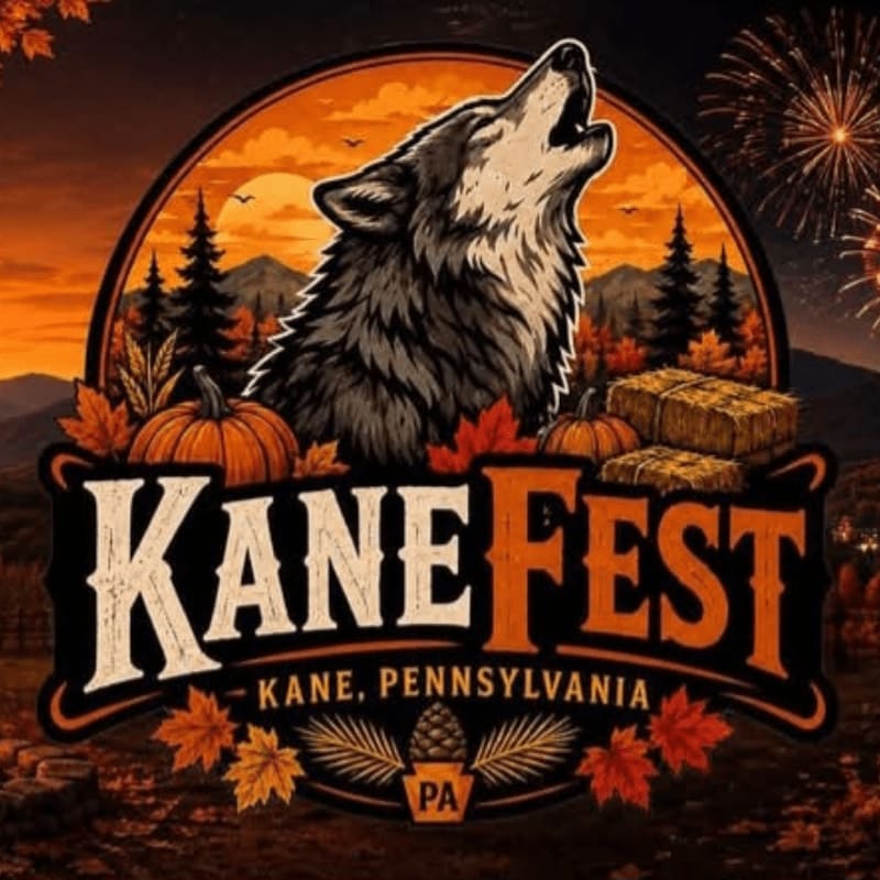 A howling wolf is featured in the foreground above the "KANE FEST" text, with pumpkins, hay bales, and autumn leaves, while the background displays a sunset over hills and fireworks.