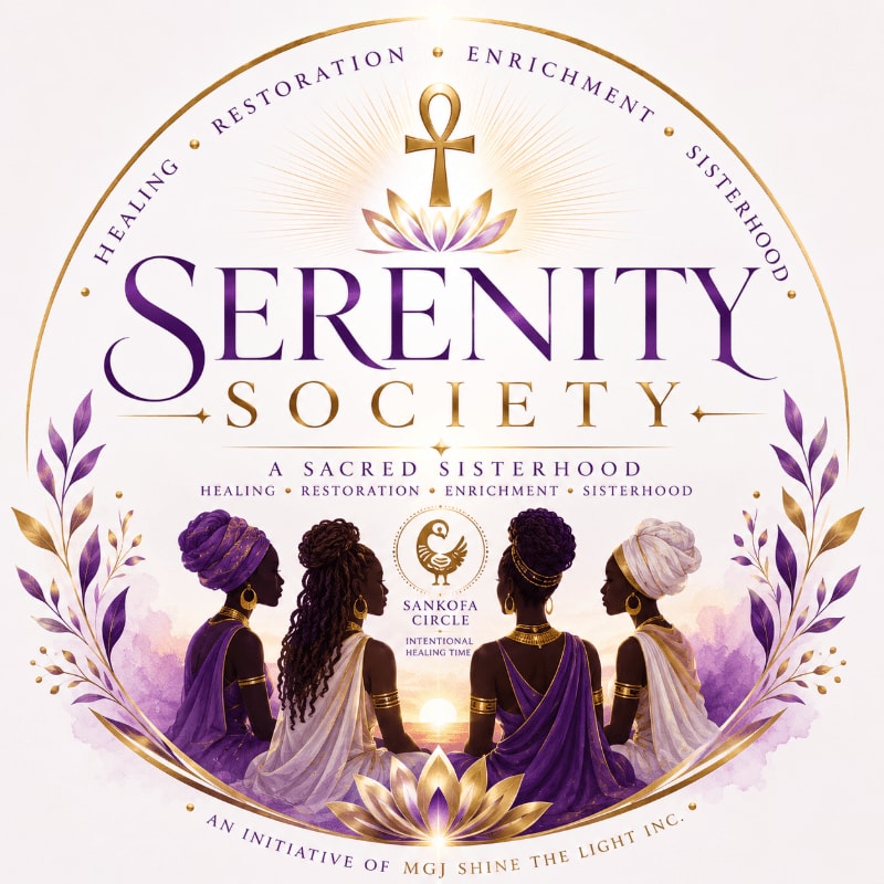 Four women in purple and gold attire sit in front of a sunset, with the words "Serenity Society" and "A Sacred Sisterhood" prominently displayed above them in a circular emblem.