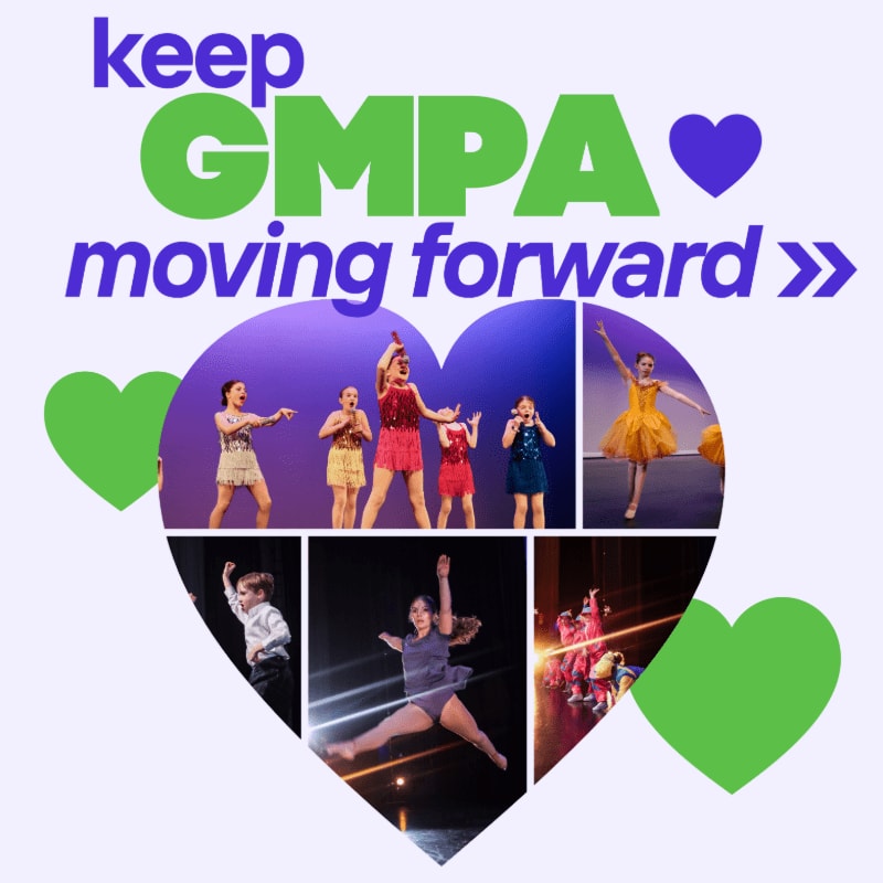 A collage of six dance photos is arranged in a heart shape against a light purple background, with green hearts and purple text reading "keep GMPA moving forward" overlaying the top.