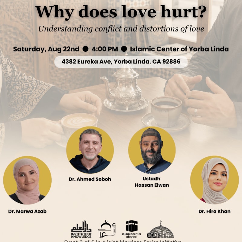 Four speakers are featured in the foreground of this event poster, which has a blurred background of people sharing tea.