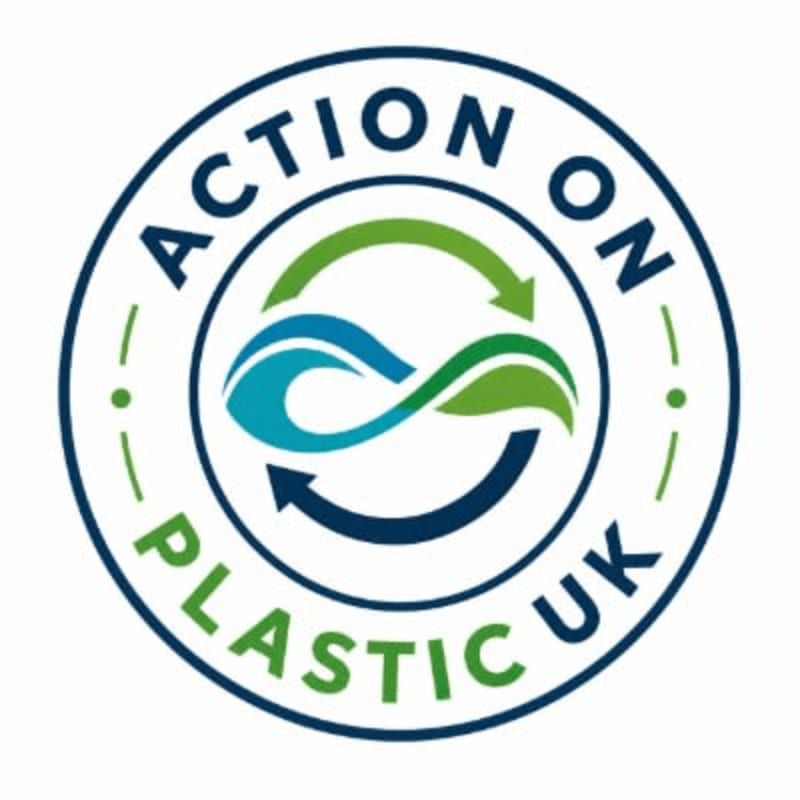 A circular logo with the words "ACTION ON PLASTIC UK" encircling a blue and green infinity symbol with arrows, set against a white background.