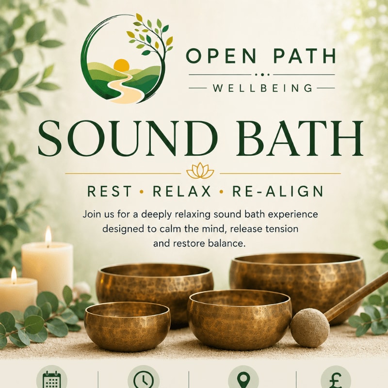 Four bronze singing bowls and two lit candles rest on a surface in the foreground, while a lush green leafy border frames the top and sides of the background, which features the "Open Path Wellbeing" logo and text advertising a sound bath.