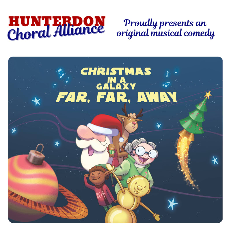 A whimsical cartoon of Santa, a reindeer, and two elderly people are in the foreground against a starry, outer-space background with a Christmas tree rocket.