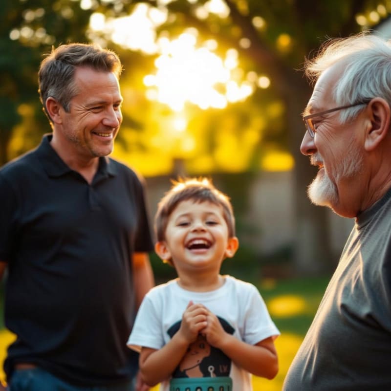 A young boy laughs joyfully between a smiling man and an older man, with a sun-drenched, blurred background of trees and foliage.