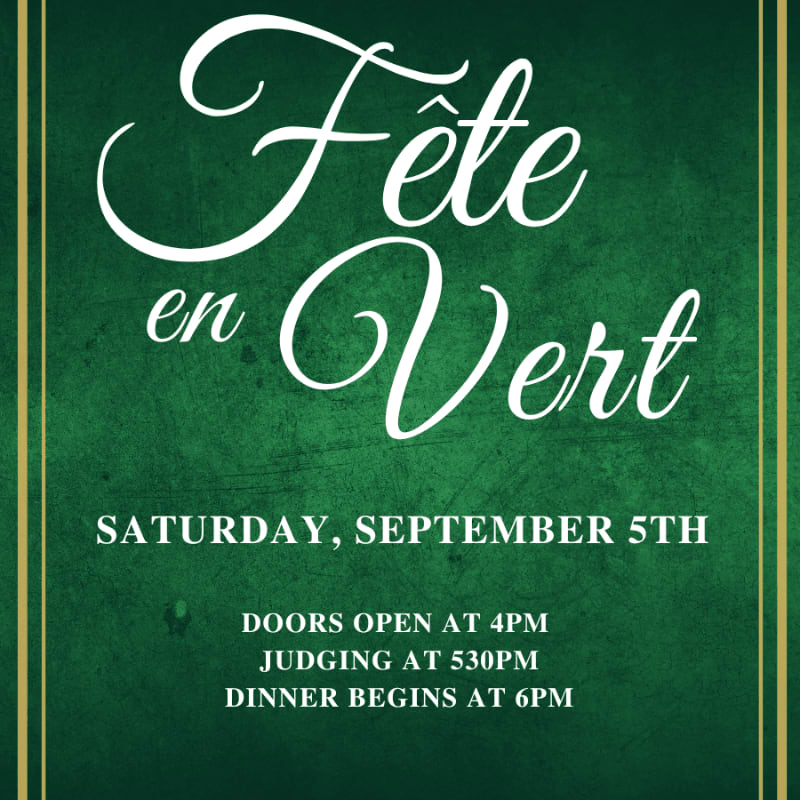 A green textured background with gold borders frames the text "Fête en Vert" and event details for Saturday, September 5th.