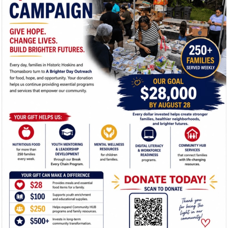 In the foreground, a flyer details a community outreach campaign with donation information, while the background shows people receiving food and supplies.