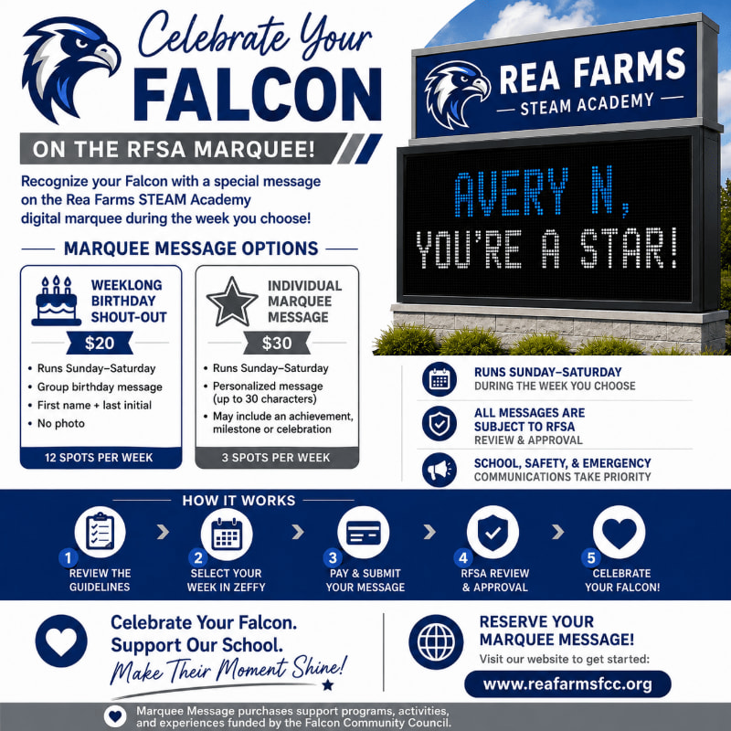 A digital marquee displaying "AVERY N, YOU'RE A STAR!" is shown in the background, with foreground details about marquee message options and how to reserve them.