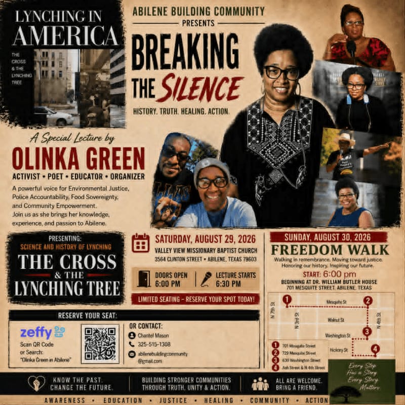 A poster advertises a lecture and a freedom walk in Abilene, Texas, featuring Olinka Green, with images of women and men in the background.