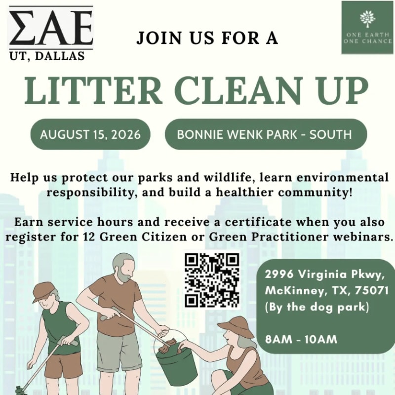 In the foreground, three people are depicted cleaning up litter, while the background features event details for a litter clean-up organized by SAE UT Dallas.