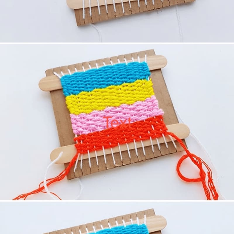 A cardboard loom with colorful yarn woven through it sits on a white surface, with another loom visible in the background.