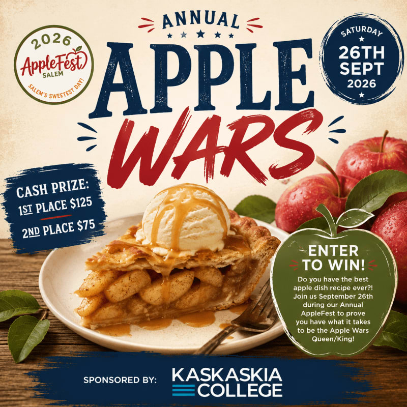 A slice of apple pie with ice cream sits in the foreground, while a cluster of red apples and event details for the "Annual Apple Wars" are in the background.