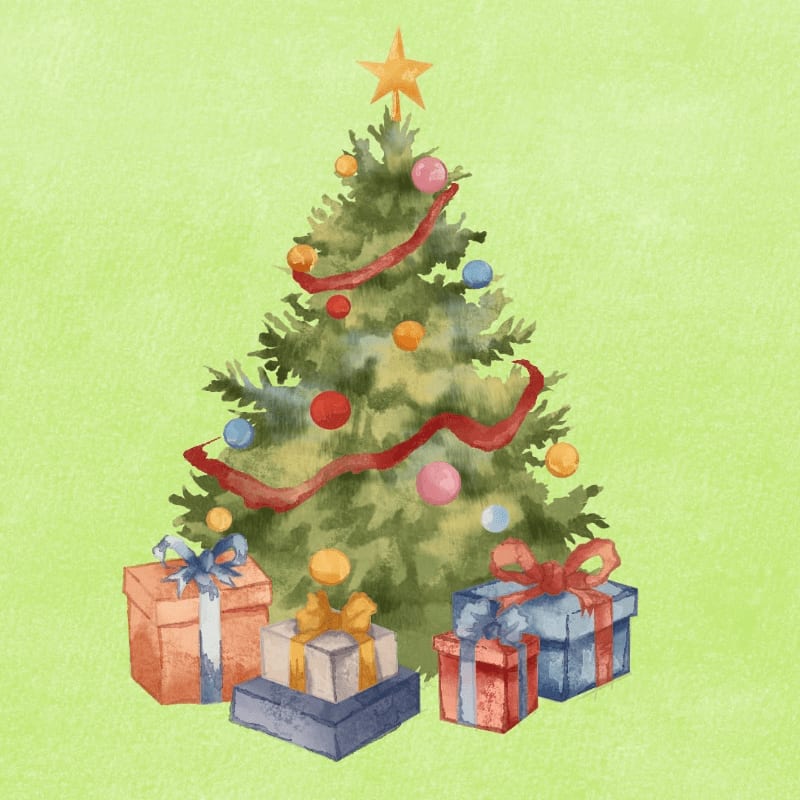 A decorated Christmas tree with presents beneath it stands against a light green textured background.
