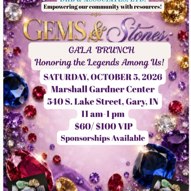 Sparkling gemstones in the foreground surround text announcing a "Gems & Stones Gala Brunch" in the background.