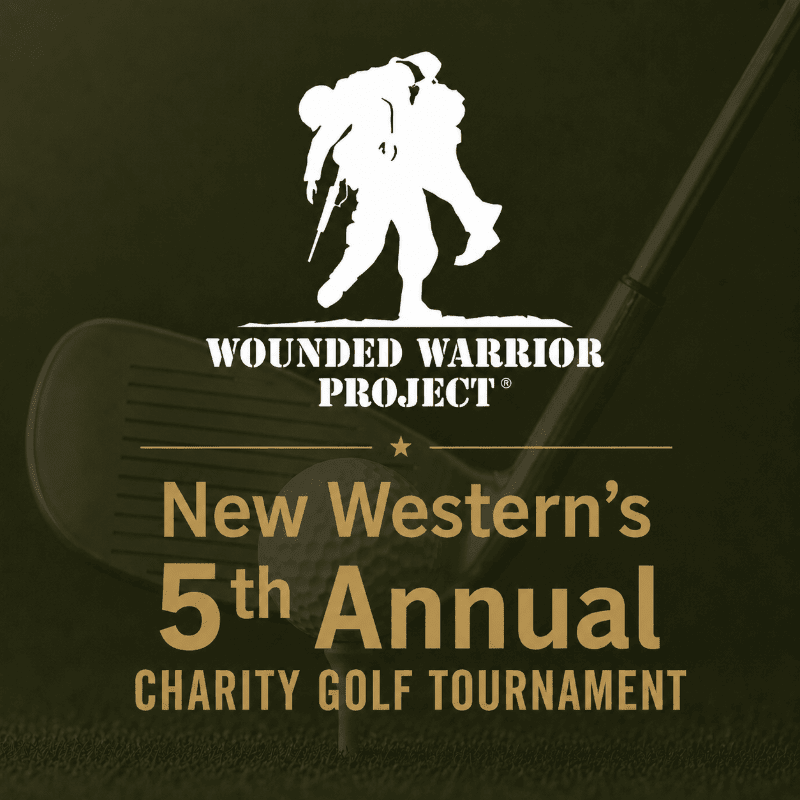 A golf club and tee are in the foreground, with a silhouette of a wounded warrior and event details in the background.