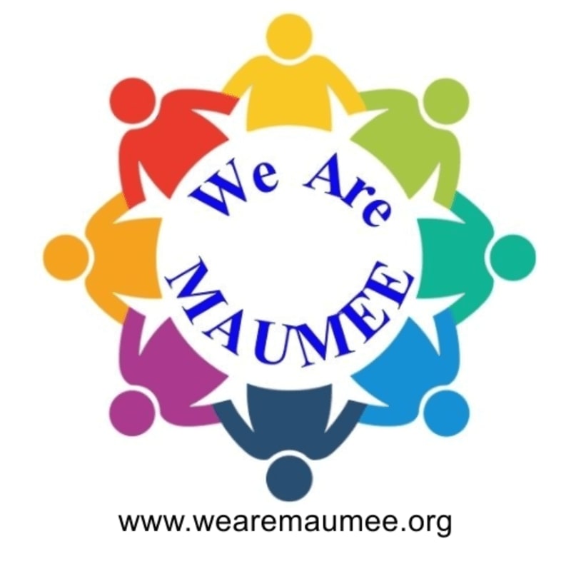 Colorful figures form a circle around the words "We Are MAUMEE" in the foreground, with a website address at the bottom against a white background.