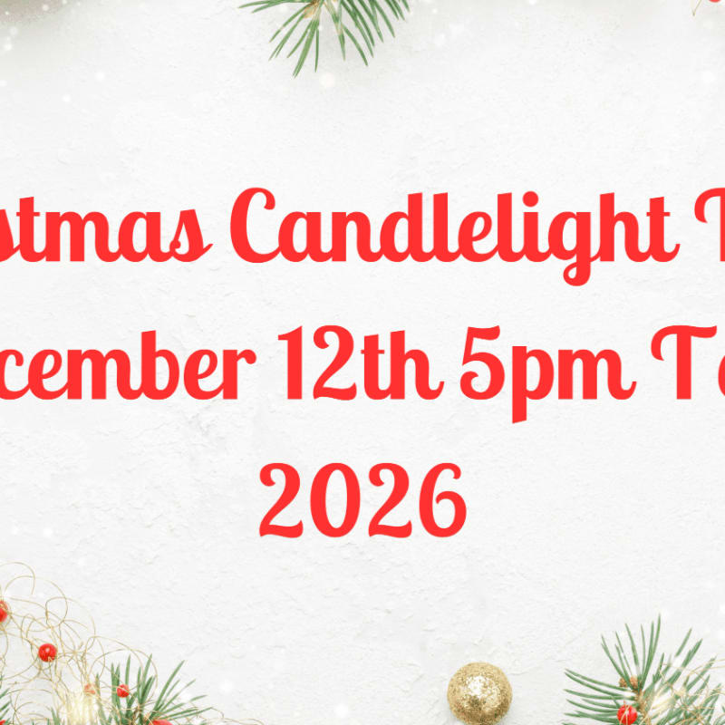 Red text announcing "Christmas Candlelight Tour December 12th 5pm To 2026" is overlaid on a white textured background with festive green pine branches and gold ornaments in the foreground and background.