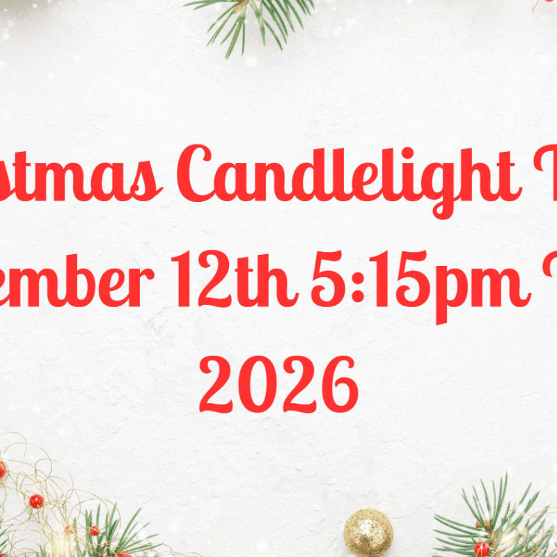 Red text announcing "Christmas Candlelight Tour December 12th 5:15pm 2026" is set against a white textured background, framed by festive green pine branches and gold ornaments.