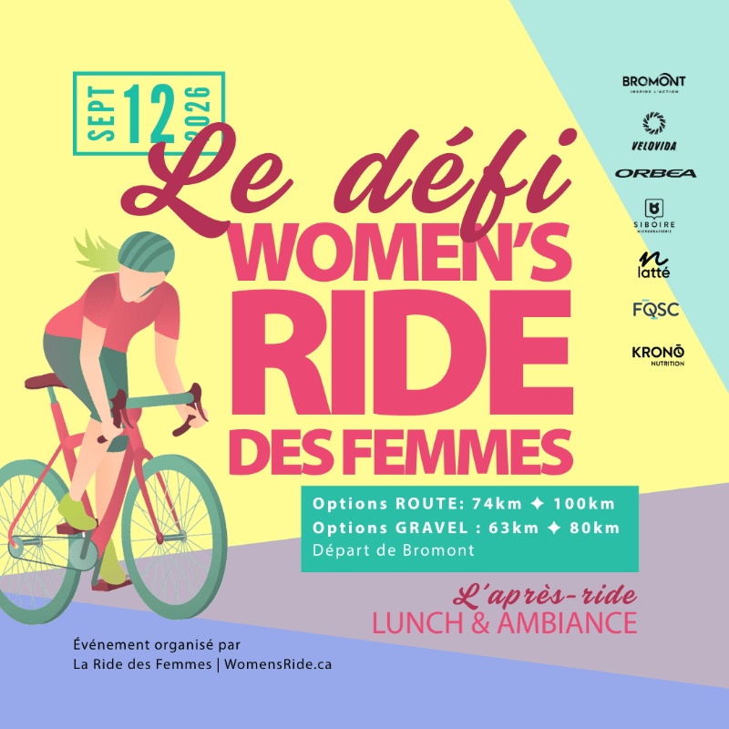 A cyclist in the foreground rides a bike with "Le défi WOMEN'S RIDE DES FEMMES" text and sponsor logos in the background.