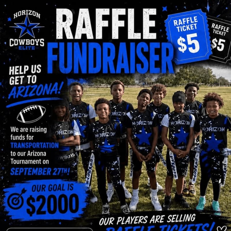 A group of young football players in matching uniforms stand in front of a grassy field, while a raffle fundraiser poster with details about their Arizona tournament is displayed prominently.