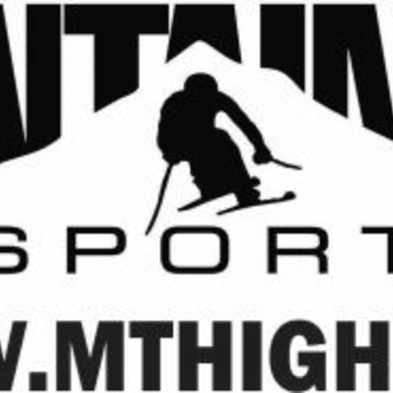 A black silhouette of a skier in mid-air is superimposed on a white mountain peak, with bold black text reading "MOUNTAIN SPORT" and a website address below.