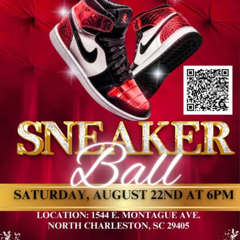 A pair of red and white sneakers are displayed prominently in the foreground against a red, textured background with event details below.