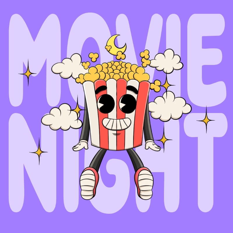 A cartoon popcorn bucket with a smiling face and arms and legs sits in the foreground, surrounded by clouds and stars, against a lavender background with the words "MOVIE NIGHT" in large, stylized letters.