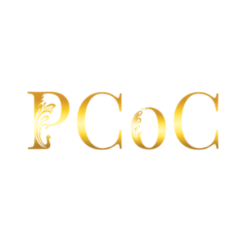 Golden letters "PCoC" with ornate floral designs on the "P" and "o" stand out against a plain white background.