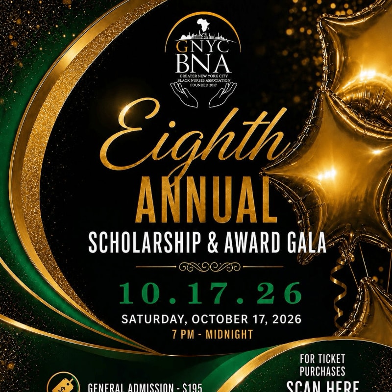 Gold star balloons and a swirling green and gold border frame the text announcing the Eighth Annual Scholarship & Award Gala on October 17, 2026.