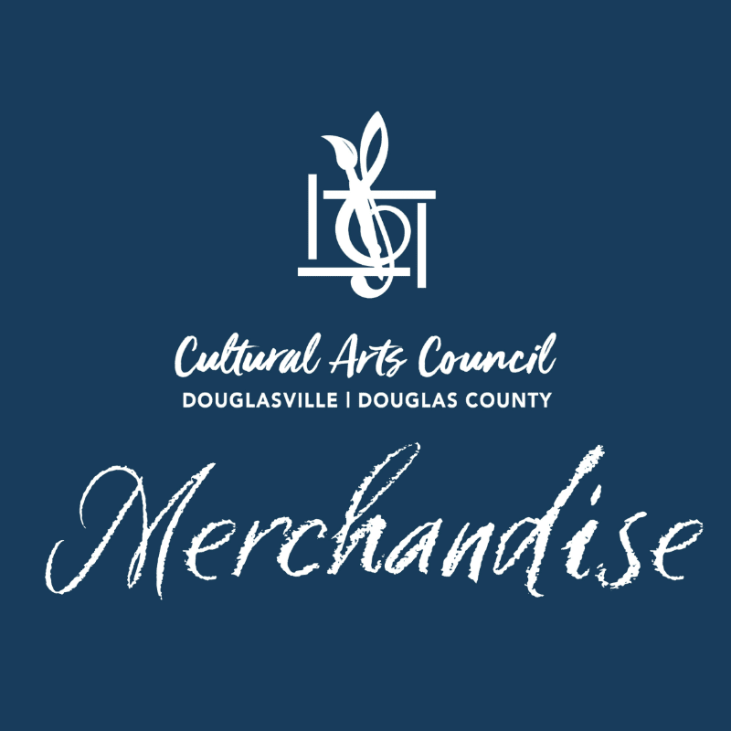 White text and a stylized treble clef with a paintbrush are displayed on a dark blue background, with "Merchandise" written in a script font in the foreground.