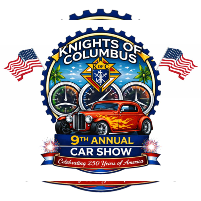A vibrant orange hot rod with flames is featured in the foreground, set against a circular emblem of the Knights of Columbus with American flags and gauges in the background.
