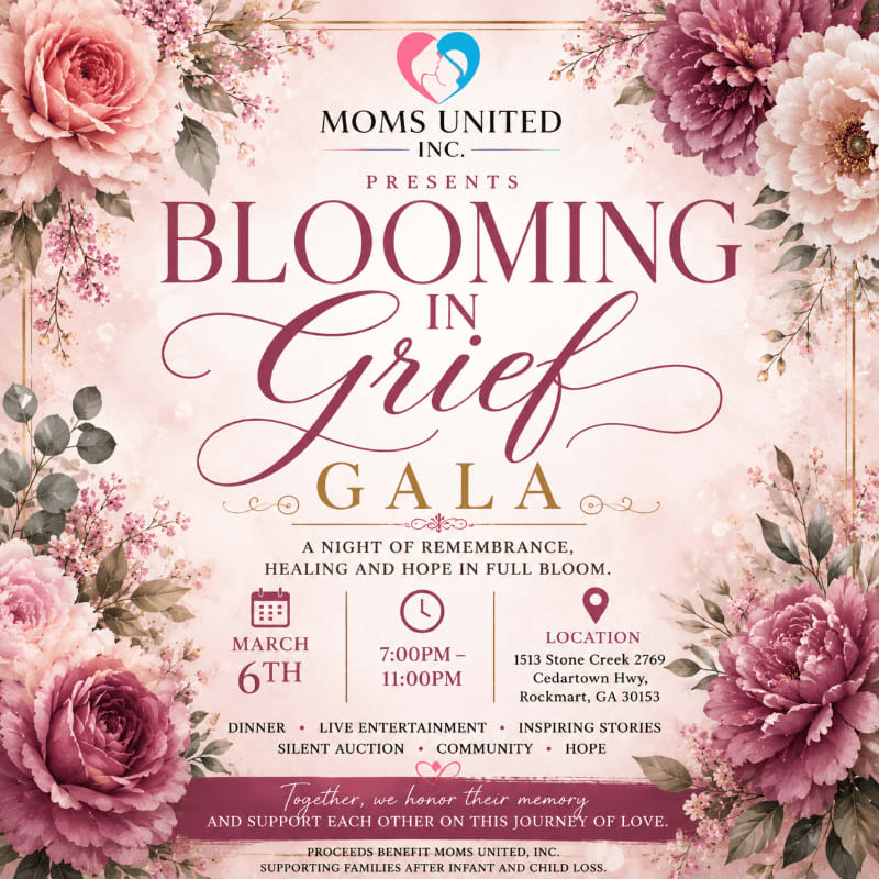 A floral border frames a gala announcement for "Blooming in Grief," presenting details of a remembrance event.