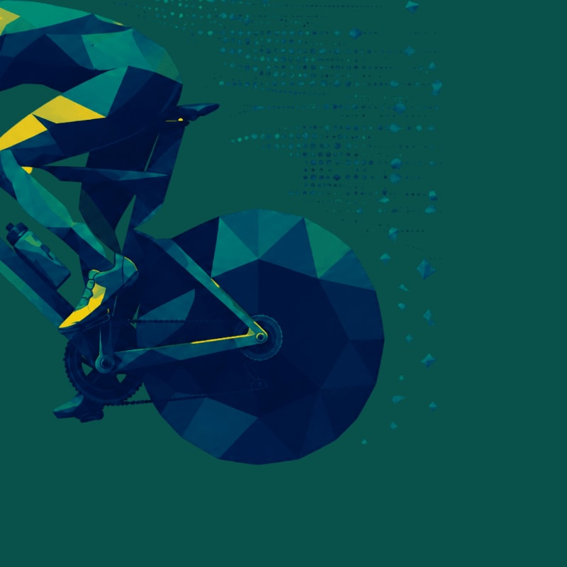 A cyclist in a low-poly style rides a bike against a dark green background with fragmented particles trailing behind.