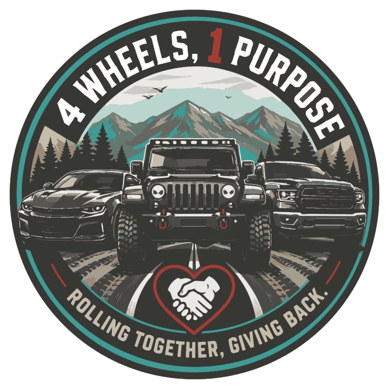 A rugged Jeep, a sleek sports car, and a powerful truck are featured on a road with mountains and trees in the background, all within a circular emblem that reads "4 WHEELS, 1 PURPOSE. ROLLING TOGETHER, GIVING BACK."