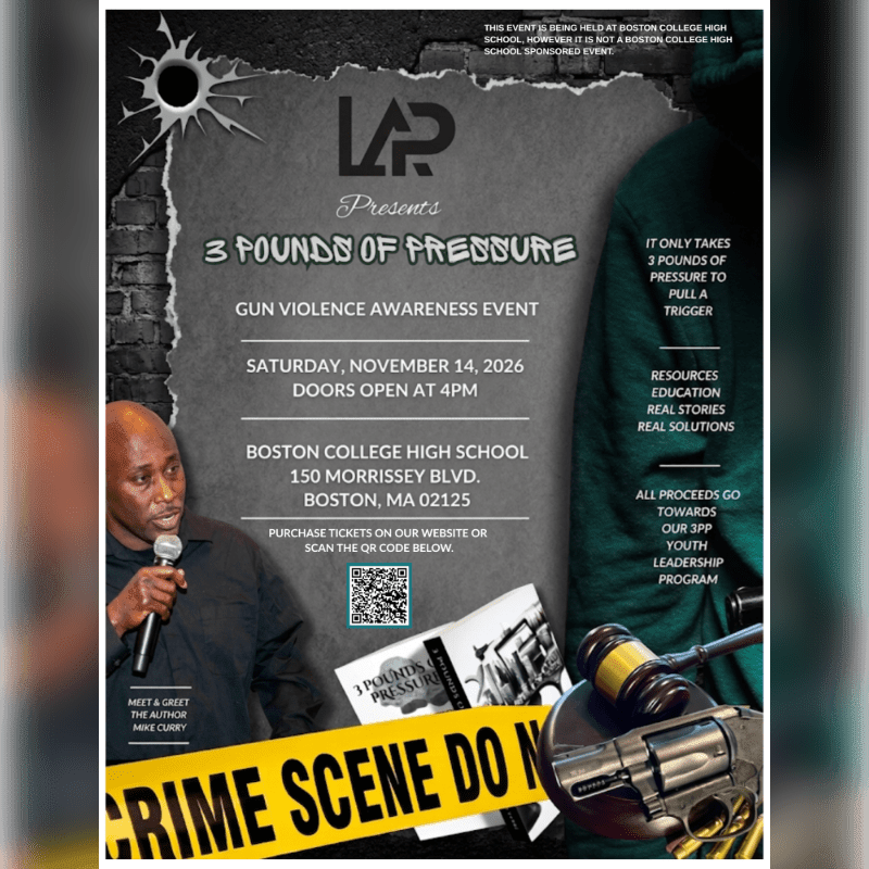A man speaks into a microphone in the foreground, while the background advertises a gun violence awareness event with details about the date, location, and purpose.