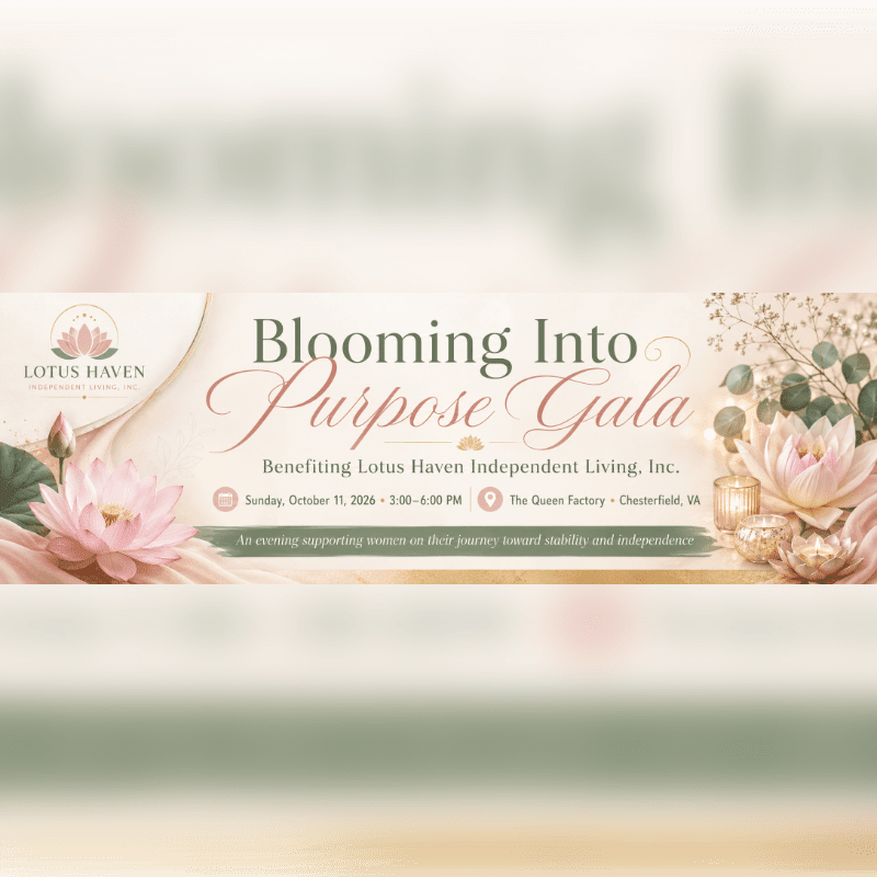 Pink lotuses and eucalyptus sprigs frame the "Blooming Into Purpose Gala" text, which is set against a soft, blurred background.