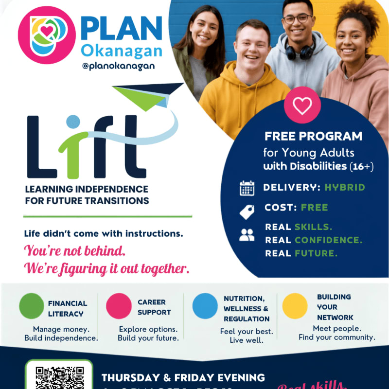 A group of smiling young adults is featured in the background, while the foreground displays information about a free program for young adults with disabilities.