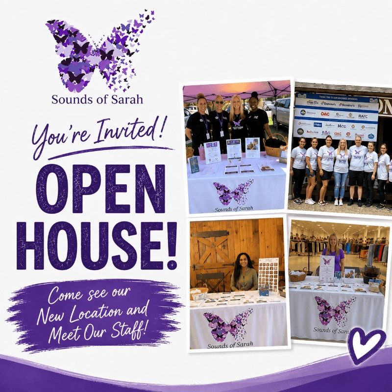 A purple butterfly logo and "You're Invited! OPEN HOUSE!" text are on the left, while four photos of people at an open house event are on the right.