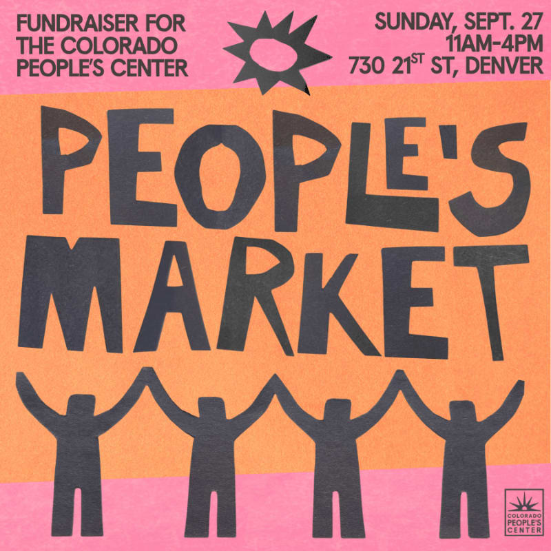 Silhouetted figures hold hands in the foreground beneath bold text announcing "PEOPLE'S MARKET" on a pink and orange background, with event details in the upper corners.
