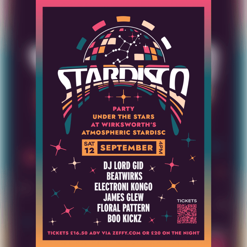 A retro-style party poster with a disco ball and constellations in the background advertises "Stardisco Party" with a lineup of DJs and ticket information in the foreground.