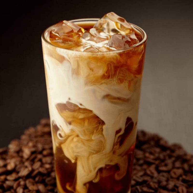 A tall glass of iced coffee with cream swirling through it sits on a bed of coffee beans against a dark background.