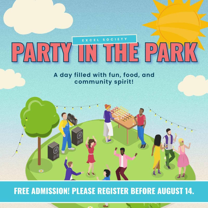 A vibrant "Party in the Park" event is advertised with people enjoying themselves on a grassy area with a tree and speakers in the foreground, set against a bright blue sky with a sun and clouds in the background.