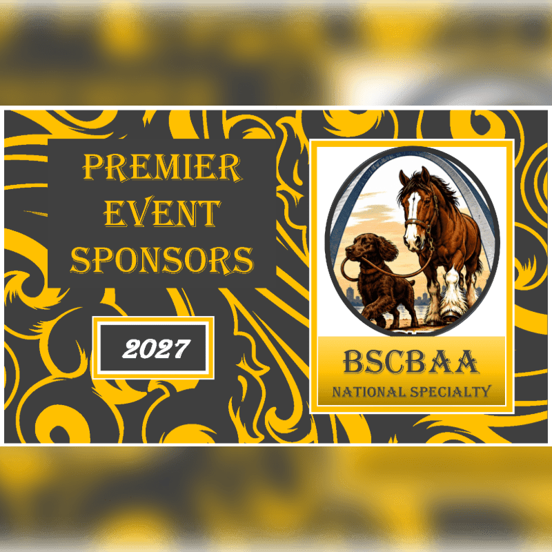 A dark background with yellow swirling patterns frames the text "PREMIER EVENT SPONSORS 2027" on the left and a circular logo featuring a horse and dog with the text "BSCBAA NATIONAL SPECIALTY" on the right.