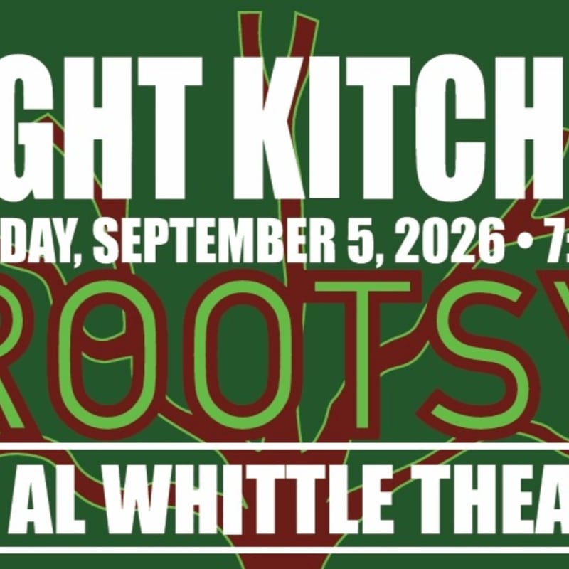 White text on a green background with a dark red tree-like design in the foreground announces "NIGHT KITCHEN" and "ROOTSY" with event details and venue in the background.