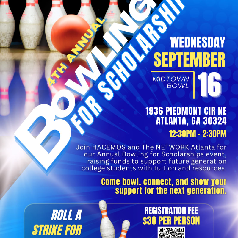 A bowling ball rests in front of pins, with event details for a "Bowling for Scholarships" fundraiser in Atlanta filling the background.
