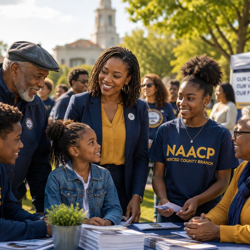 A group of people, including children and adults, are gathered around a table with NAACP flyers in the foreground, while a building with a dome stands in the background.