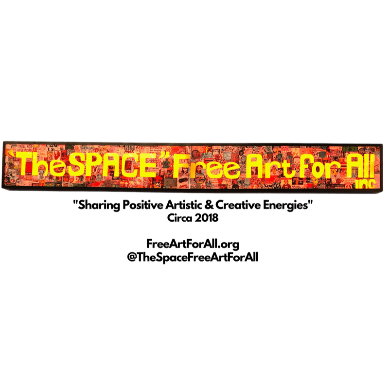 A mosaic artwork with the words "The SPACE Free Art for All" in yellow neon lettering against a background of colorful collage elements, with text below stating "Sharing Positive Artistic & Creative Energies" and contact information.