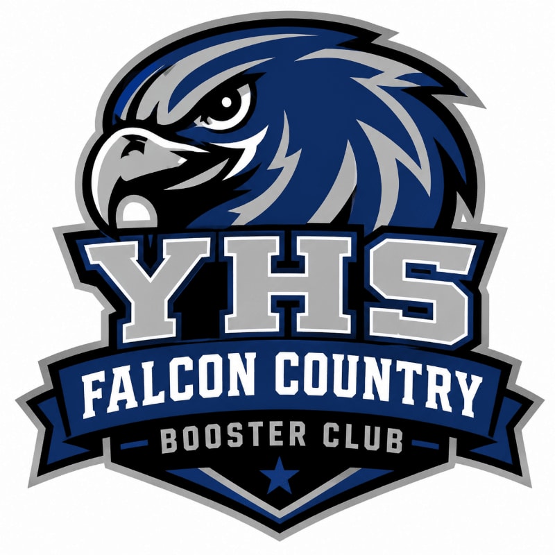 A fierce falcon logo with "YHS FALCON COUNTRY BOOSTER CLUB" text is centered on a white background.