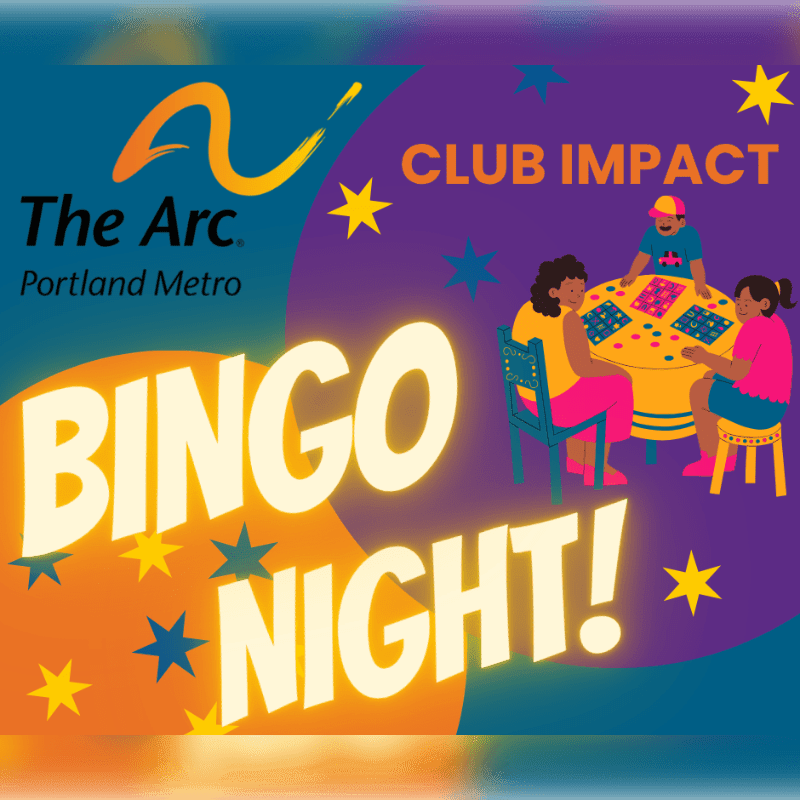 In the foreground, large yellow letters spell out "BINGO NIGHT!" against a vibrant orange and blue background with scattered stars, while in the background, a group of people play bingo around a table under a purple sky with "CLUB IMPACT" text.