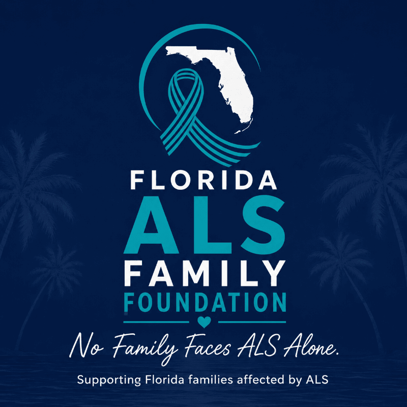 A teal ribbon and outline of Florida are at the top of the logo for the Florida ALS Family Foundation, with palm trees silhouetted against a dark blue background.